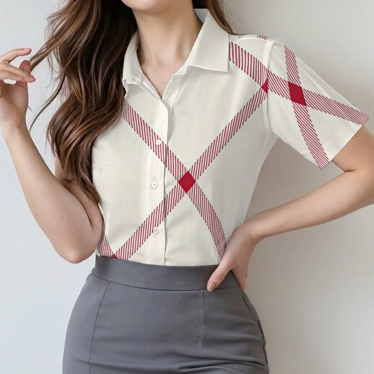

Women's fashion large plaid textured short-sleeve shirt, slightly mature, elegant, low-key texture, suitable for commuting.