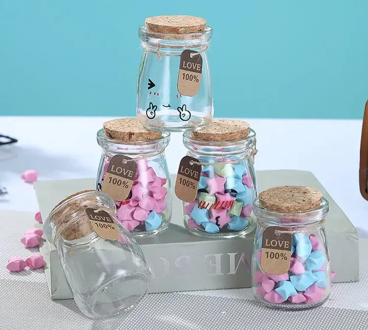 Glass Pudding Cup Thickened Milk Drinking Set High Temperature Resistant Acid Milk Bottle Wooden Stopper Sand Painting Bottle