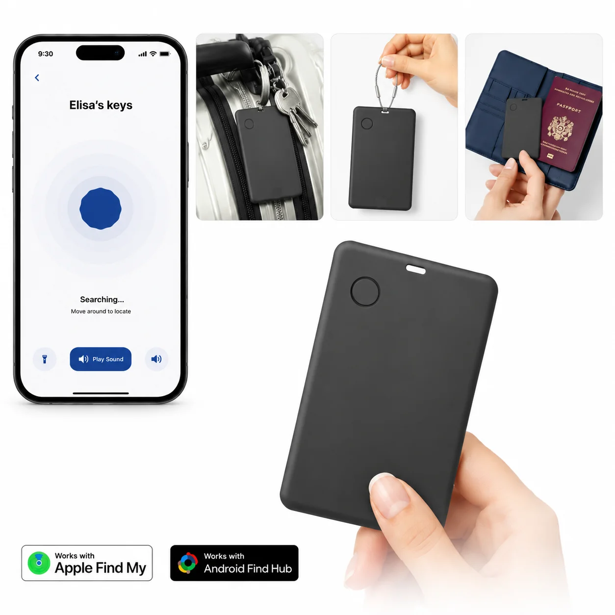 Ultraflache Wallet-Tracker-Karte, kompatibel mit Apple Find My & Android, Bluetooth-Anti-Verlust-Ortungsgerät für Gepäck, Reisepass, Tasche