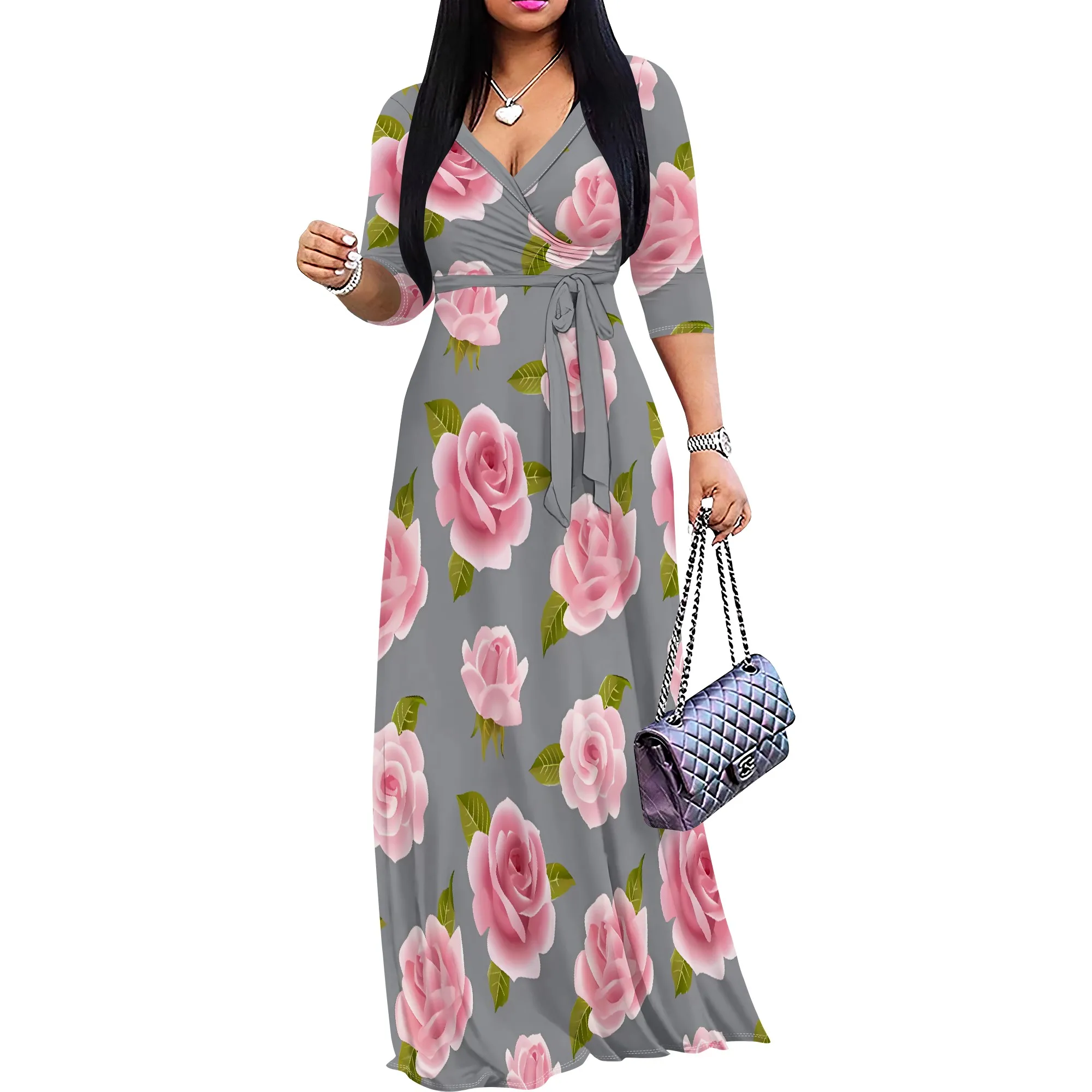 Nupusa Rose Print Wrap Dress Women Summer Half Sleeve Maxi Dress