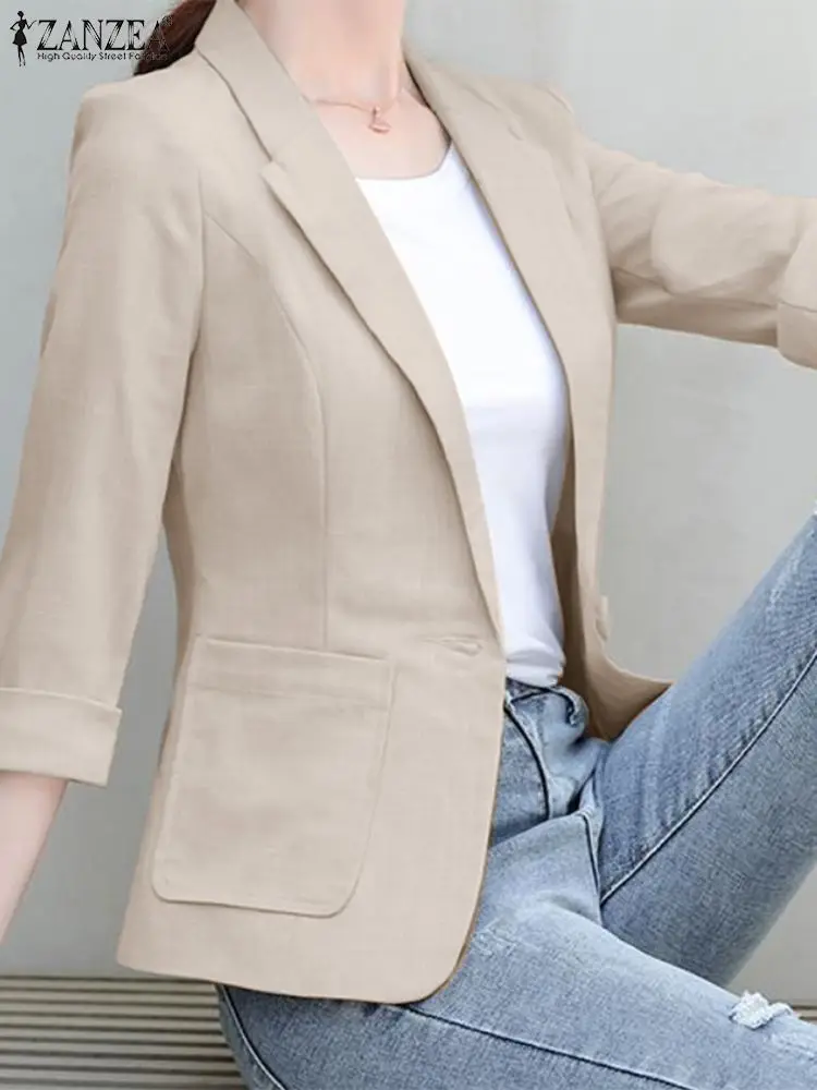 2024 Zanzea Vrouwen Blazer Herfst 3/4 Mouwen Elegante Office Ol Jassen Mode Losse Pak Kraag Casual Effen Kleur Zakken Uitloper