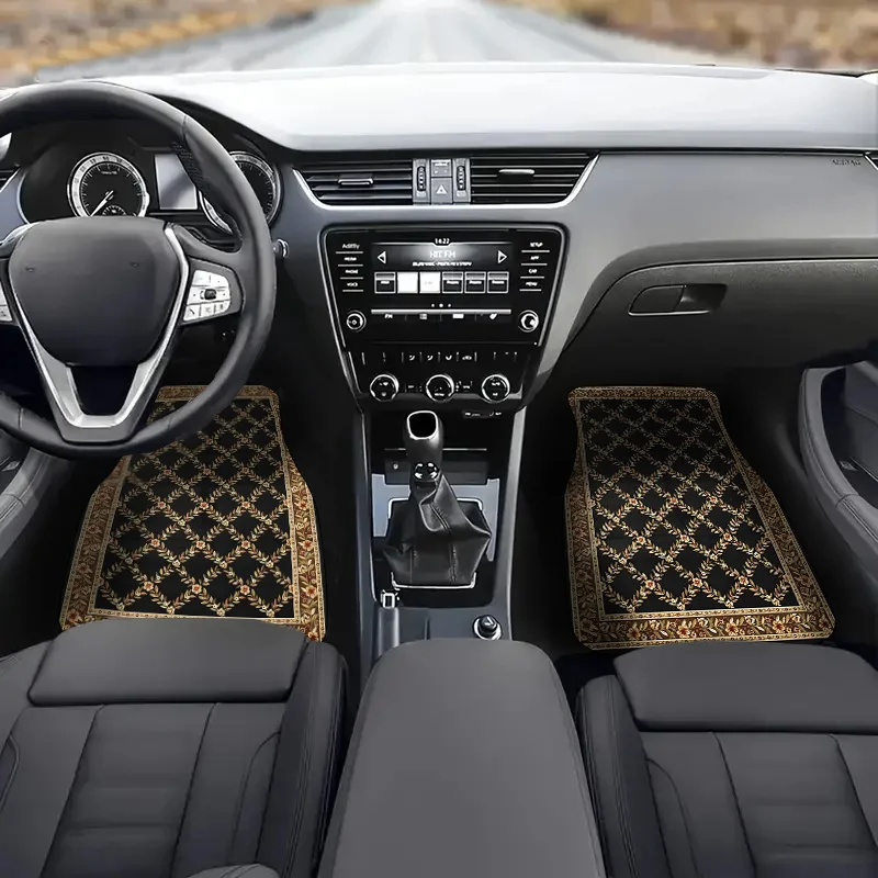 

4pcs Luxury Black & Golden Grid Pattern Car Floor Mats - All-Season Protection For Front & Rear Seats, Stylish Auto Interior Acc