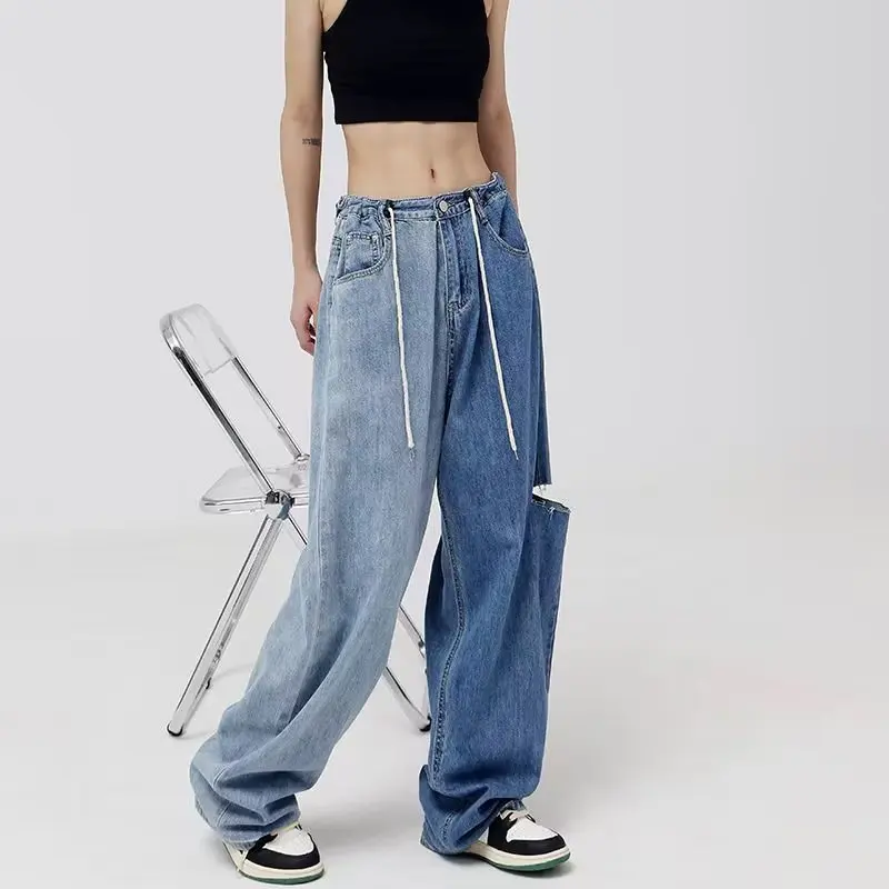 

Blue Washed Hole Jeans Y2k Retro High Street korean Fashion High Waist Jeans Couple Harajuku Simple Casual Wide Leg Pant star gi