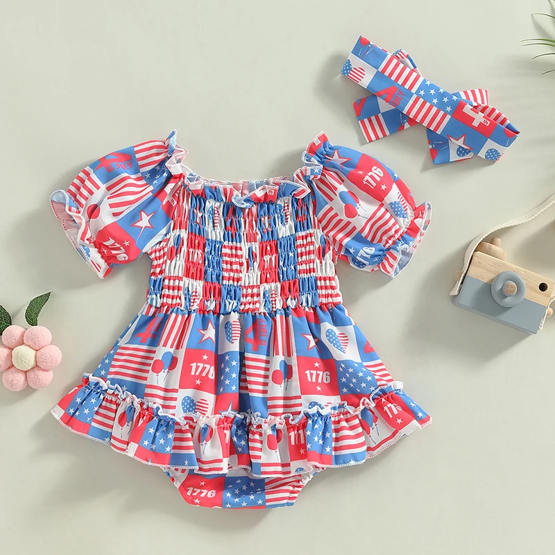 

Toddler Independence Day Clothing Sleeveless Ruffle Romper with Matching Headband Patriotic Fourth of July Set