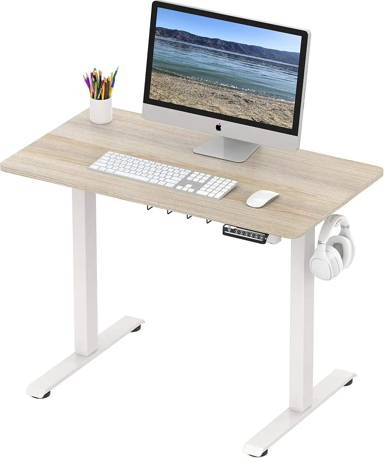 Small Electric Height Adjustable Sit Stand Desk with Hanging Hooks and Cable Management,40 x 22 Inches,White Frame and Maple Top