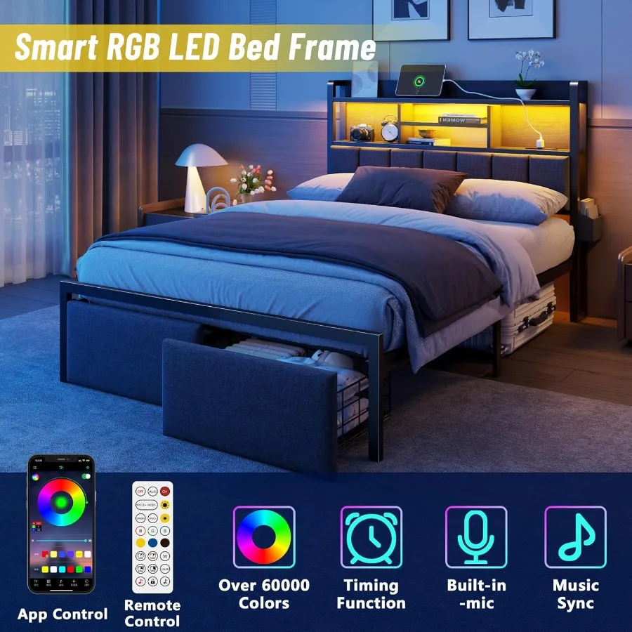 إطار سرير كامل الحجم مع لوح رأسي منجد يتميز بأدراج تخزين مدمجة ومحطة شحن مدمجة وإضاءة LED محيطة