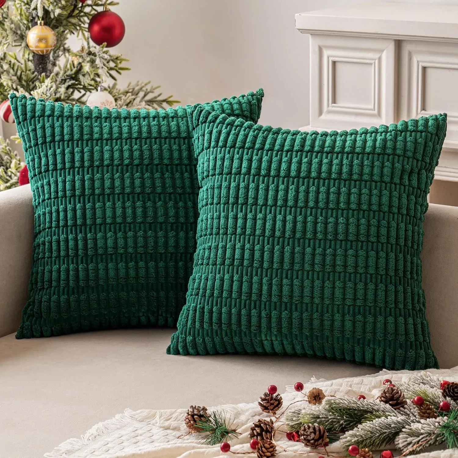 Grüne weiche Boho-gestreifte Cord-Kissenbezüge, moderne Bauernhaus-Dekoration für Sofa, Wohnzimmer, Bett, Auto, 45 x 45 cm