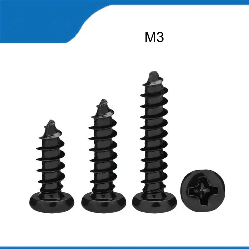 

High Quality M3 100PCS Black Steel Small Electronic Phillips Cross Round Pan Head Self-tapping Wood Screw