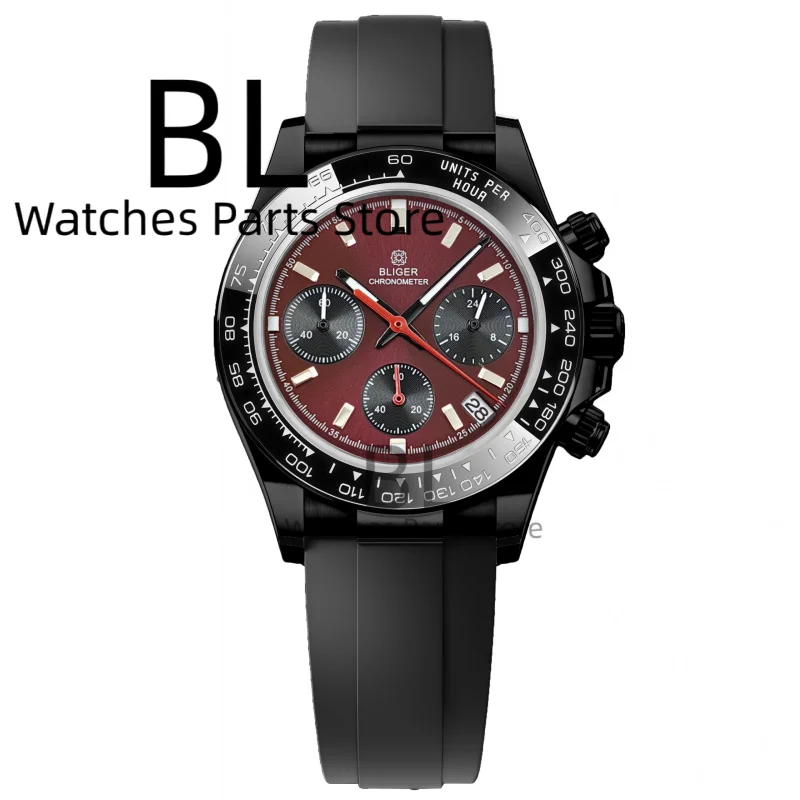 BLIGER 39mm Men's VK63 Quartz Watch Sapphire Glass Running Seconds Hand Waterproof Rubber VK63 Watch Luminous Burgundy Wine Dial