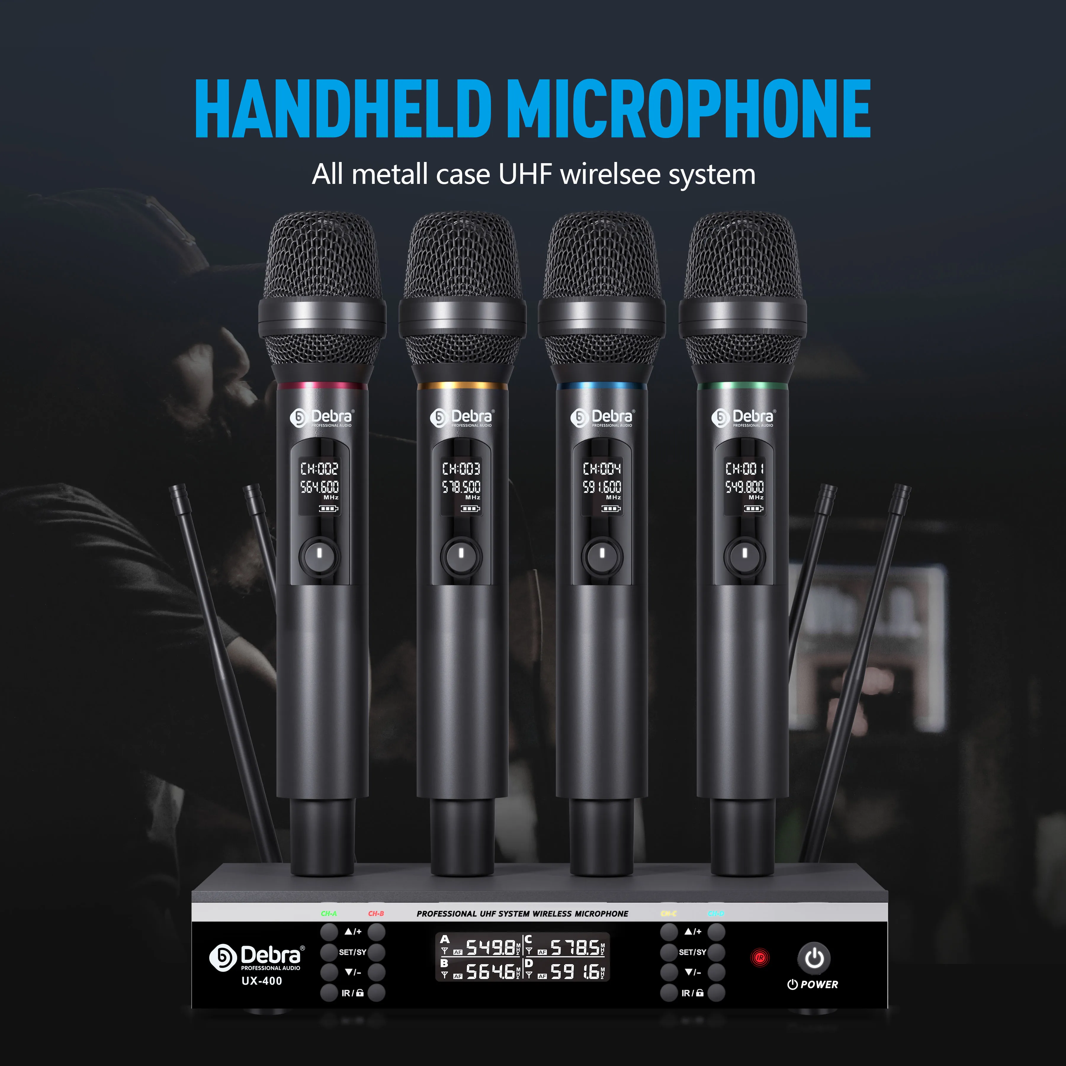 ميكروفون لاسلكي محمول باليد ذو 4 قنوات UHF UX-400 500-600 ميجا هرتز يعمل بالأشعة تحت الحمراء مزامنة التنين التردد التلقائي البحث المعدني