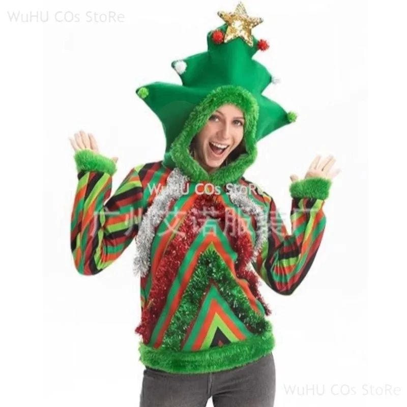 

a7d@2025 New Women Men Unisex Christmas Pullovers Long Sleeve Sequined Star Tree Hooded Sweatshirt Contrast Color Cosplay Costu