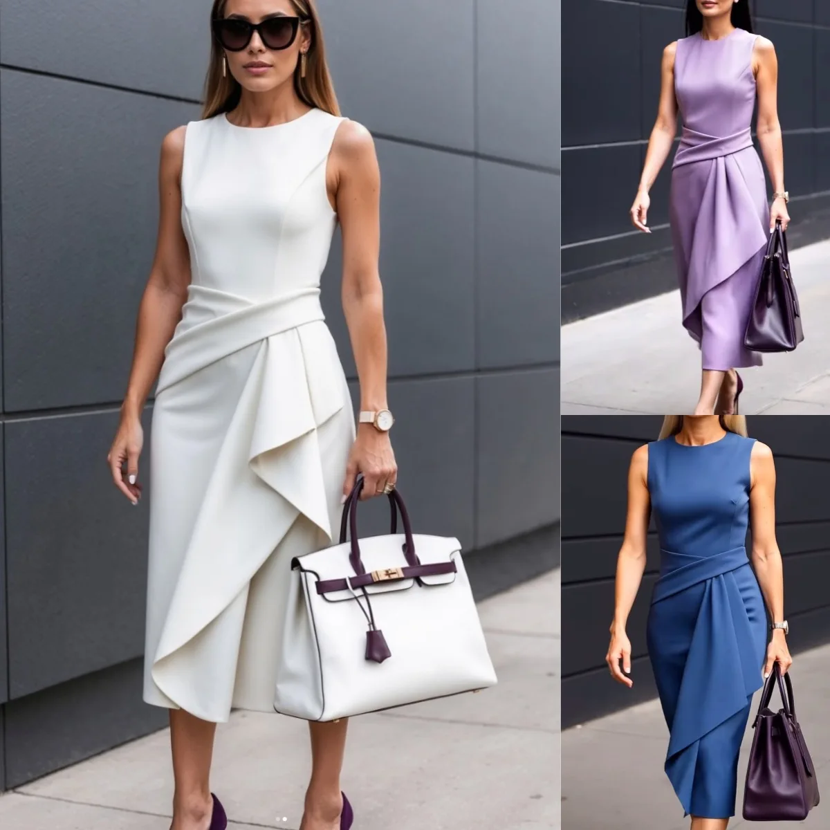 Women's Sleeveless Asymmetric Ruffle Sheath Midi Dress Structured Wrap Waist Formal Gown for Elegant Office Work Commute ﻿