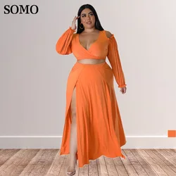 SOMO 2022 Sexy kobiety Plus rozmiar sukienka klubowa stroje Off The Shoulder krótki Top Maxi spódnica z rozcięciami dwuczęściowy zestaw hurtownie Dropshipping