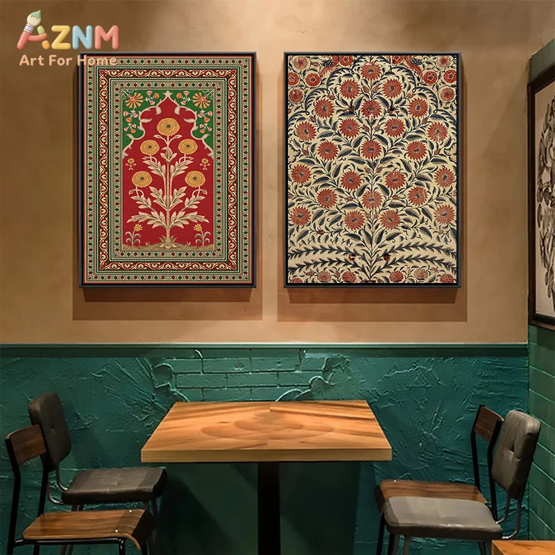 AZNM Vintage Indian Floral Canvas Wall Art Traditional Kalamkari Pattern Print Ethnic Boho Living Room Home Decor Unframed