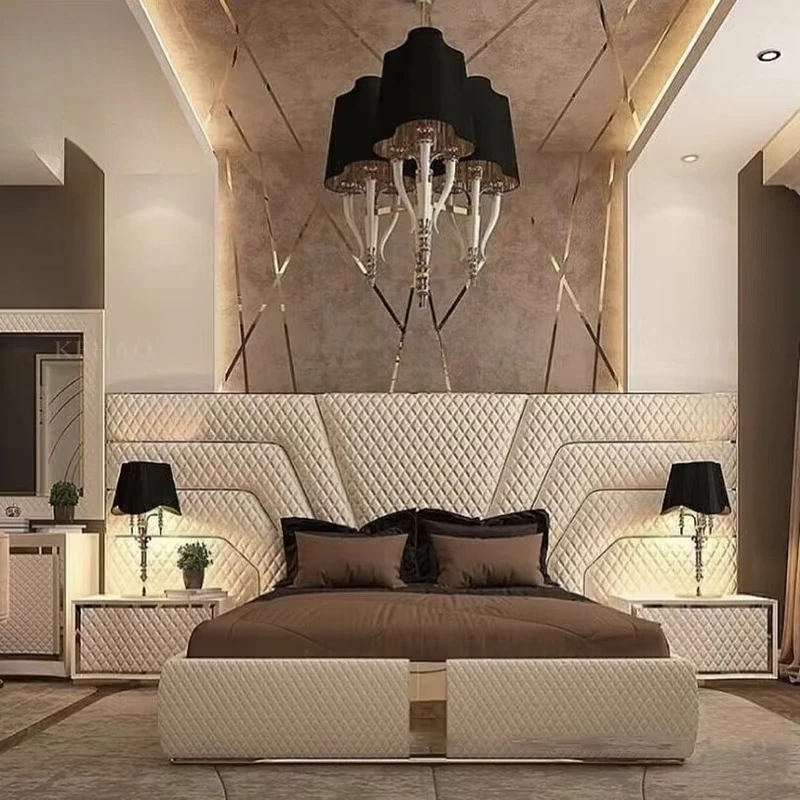 King Size Modern Italian Latest Double Bed Designer Furniture Set Leather Luxury Bed With Storage and Two Bedside Table