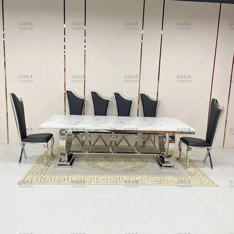 

Modern Furniture kitchen dinning table and 8 chair Luxury restaurant metal stainless steel marble top dining tables