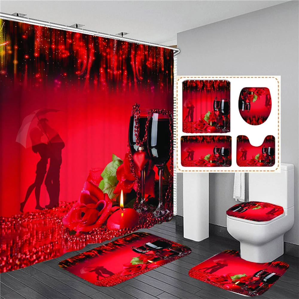 Love Romantic Red Rose Shower Curtain Set Toilet Lid Cover and Bath Mat Valentine\'s Day Bathroom Curtains with Hooks Home Decor