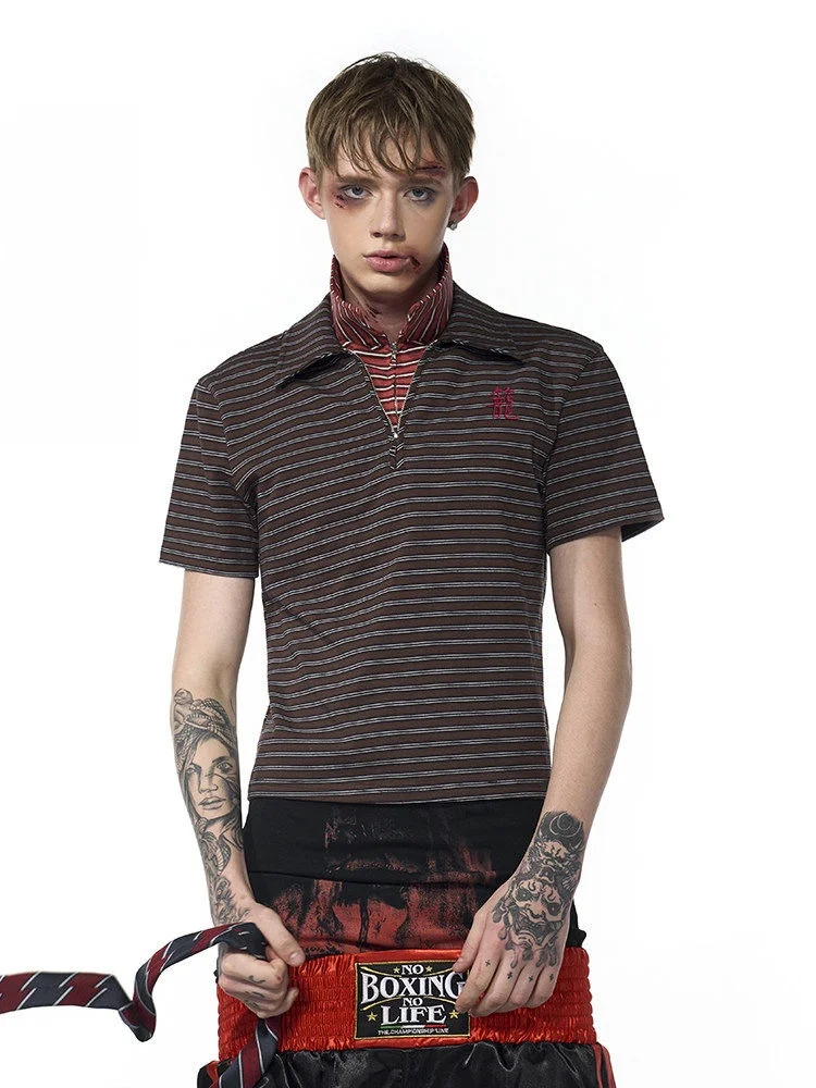 

Start Exceed End Men's Slim Fit Short Sleeve Shirt Zipper Design Fake Two-Piece Breathable Cotton Summer T-Shirt