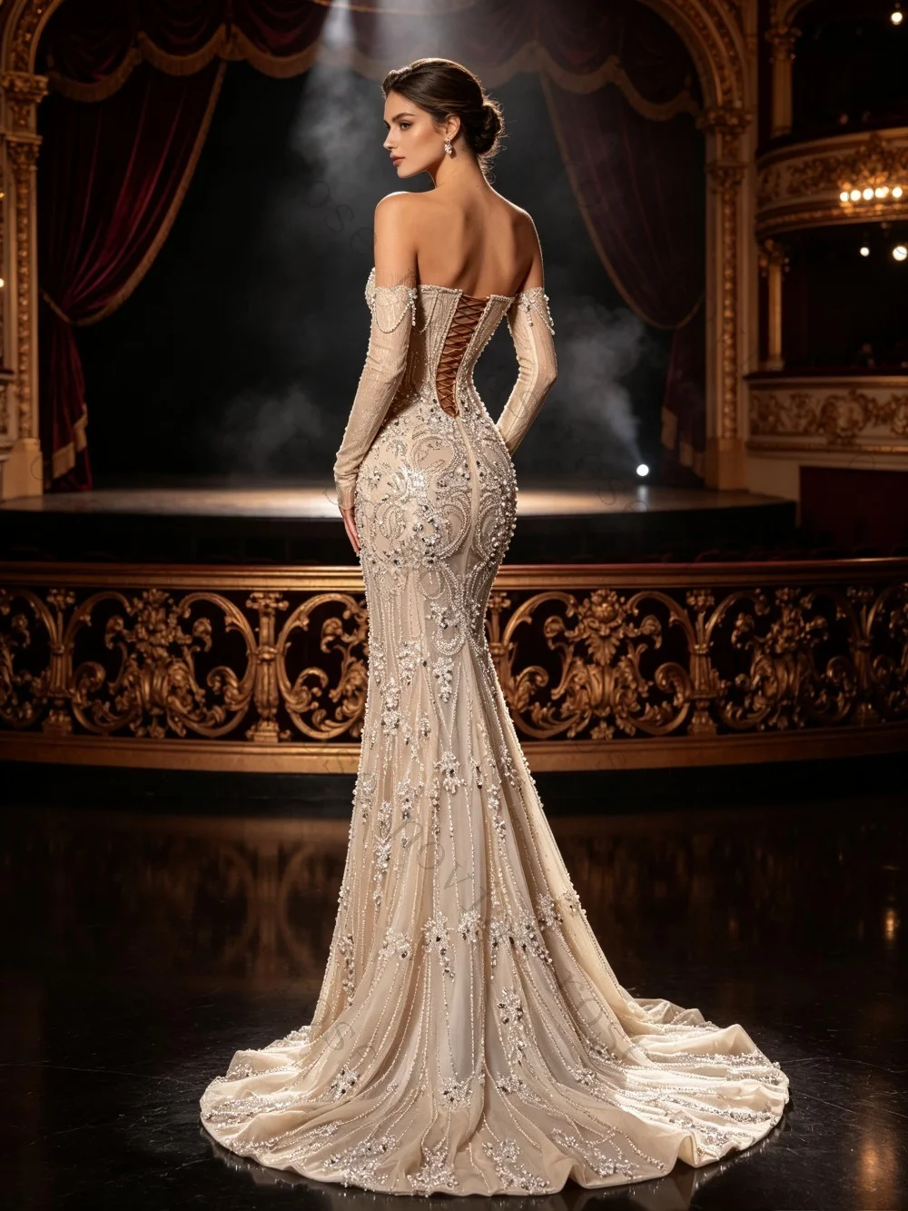 Customized Champagne Mermaid Off Shoulder Tulle Long Sleeves Full Pearl Crystal Beaded Lace Up Back Bridal Gown Robe De Mariee