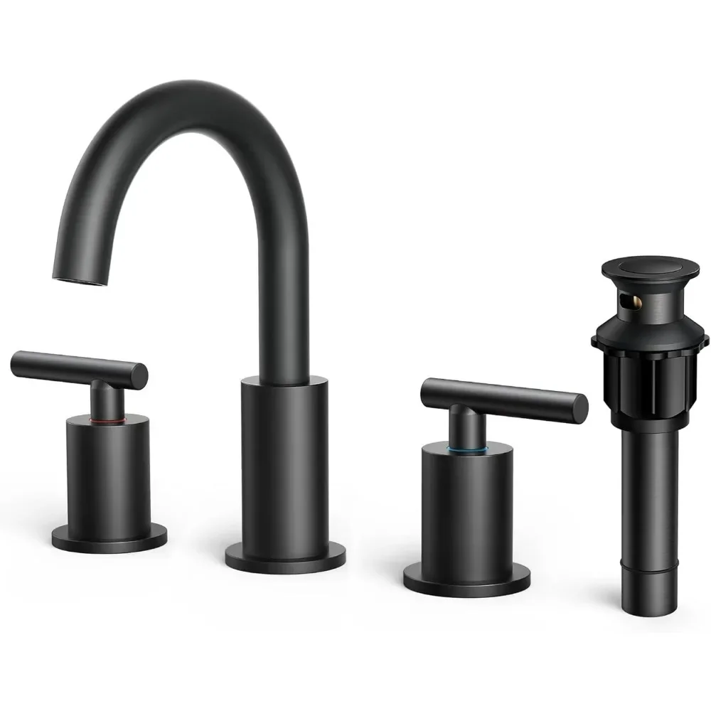 

Bathroom Faucet 3 Hole, 8 Inch Widespread Bathroom Faucet Black with Metal Pop-up Drain Assembly, Two Handle Vanity Faucet