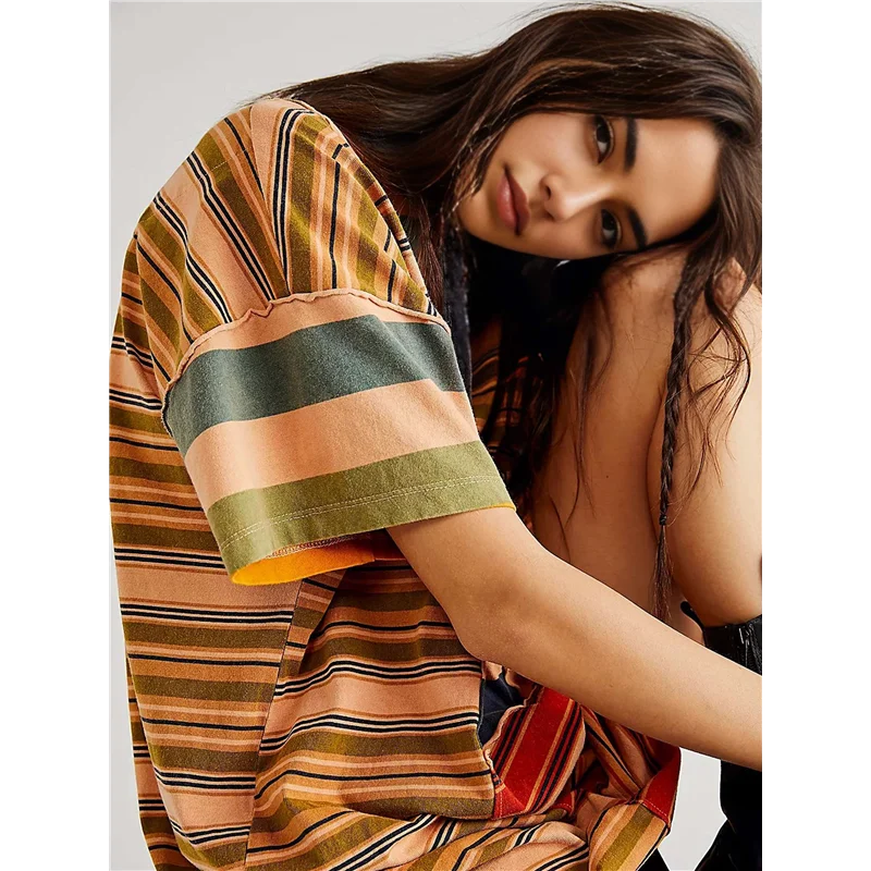 【SEE】Women Contrast Striped Babydoll Y2k Summer Patchwork T- Shirt Dress Vintage V Neck Short Sleeve Dress