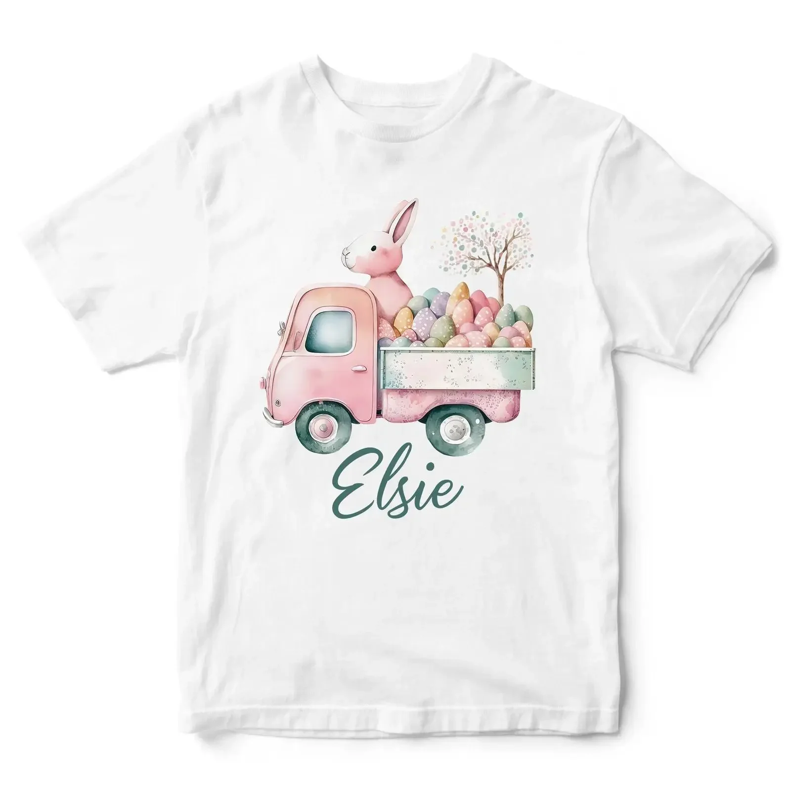 Personalisiertes Oster-T-Shirt für Kinder, Hase, LKW, Eier, individuelles Oberteil, Vintage-Stil, gewaschen, vielseitig, lässig, weich, bequem