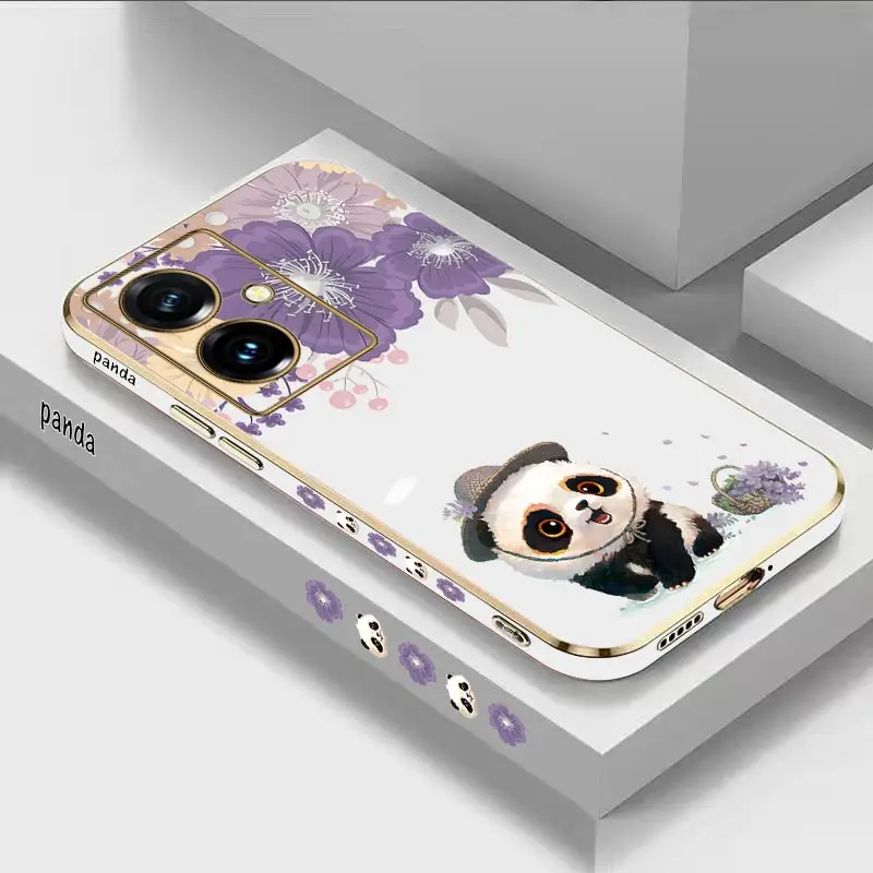 Y78Plus Flower Panda Luxury Plating Phone Case For VIVO Y78 Y21T Y35Plus Y85 Y35 Y22 Y77 Y76S Y200 Y95 Y91 Y100 Y93 Cover