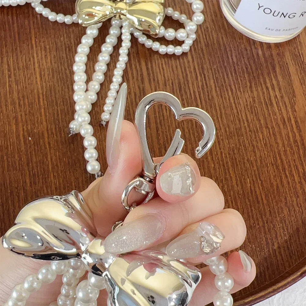 2024 Sweet Korean Pearl Bow Heart Keychain Women Blue Pink Key Ring Charm Ornament Bags Phone Pendants Handmade Jewelry Gifts