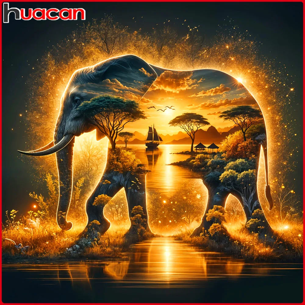 Huacan Neuheiten 2026 Diamantmalerei Elefant bei Sonnenuntergang Diamant-Mosaik Tier-Landschaft Komplettes Set Bastelset