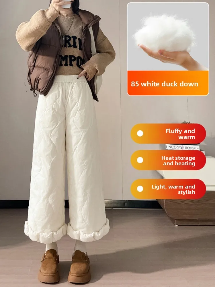 กางเกงขายาวทรงกระบอกเอวสูง ผ้ากันน้ำ กันลม สีขาว บุขนเป็ด สำหรับฤดูหนาว สไตล์ลำลอง ชายเอวยืดหยุ่น ความยาวเก้าส่วน ไซส์เล็ก ผ้าฝ้าย...