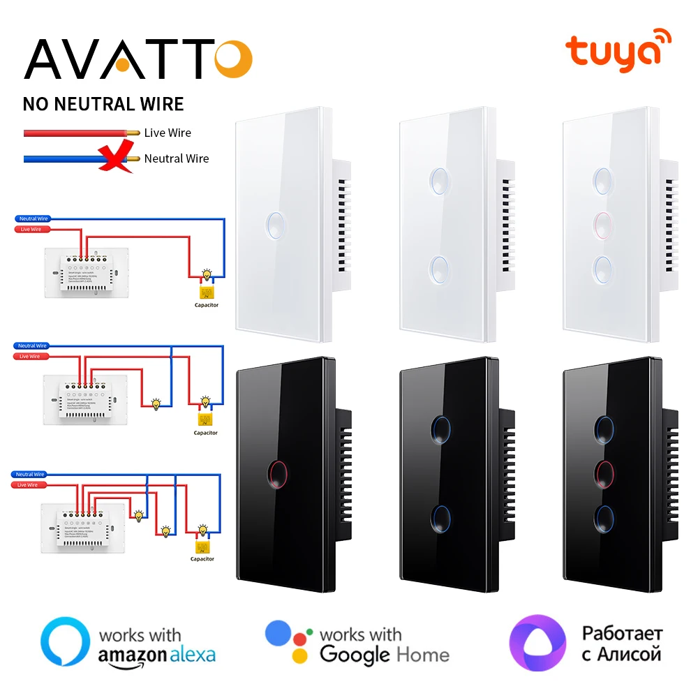 

Умный сенсорный переключатель AVATTO Tuya US WiFi, нейтральный провод не требуется, выключатель света с умными канавками работает с Alexa Google Home Alice