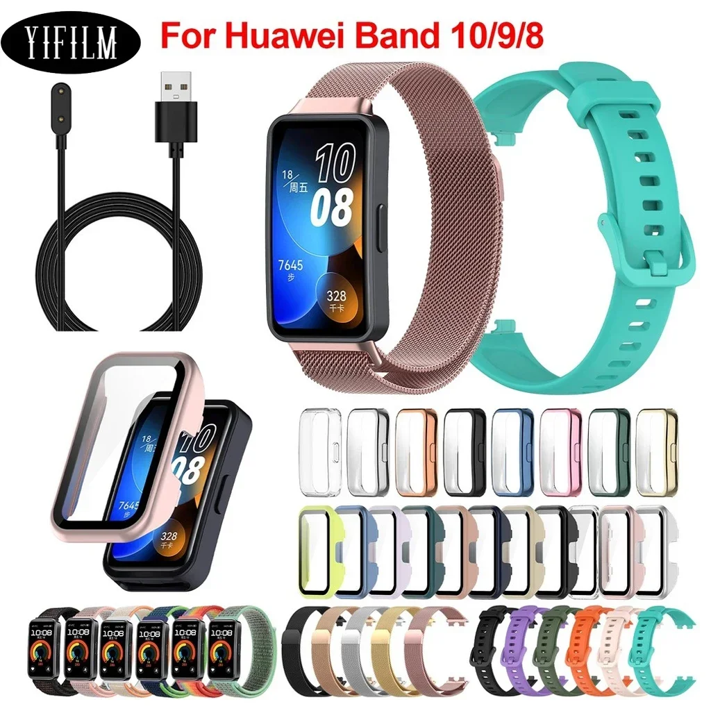 Multi Style Sport Durable Milanese Magnetic Silicone Nylon Strap PC TPU Case Charger Cable For Huawei Band 10 9 8 Accessories