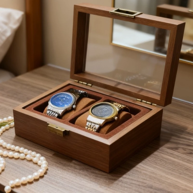 Vintage high-end transparent showcase composite watch display box, brown velvet interior, high-end watch storage packaging
