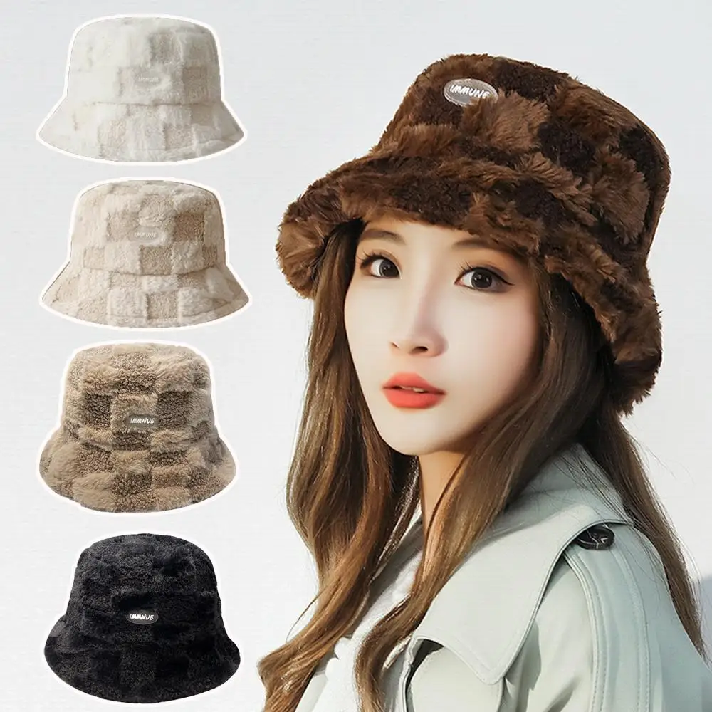 Thicken Lamb Plush Fisherman Hat Fashion Autumn Winter Plush Plaid Bucket Hat Panama Hat Sun Protect Hats Wide Brim Caps