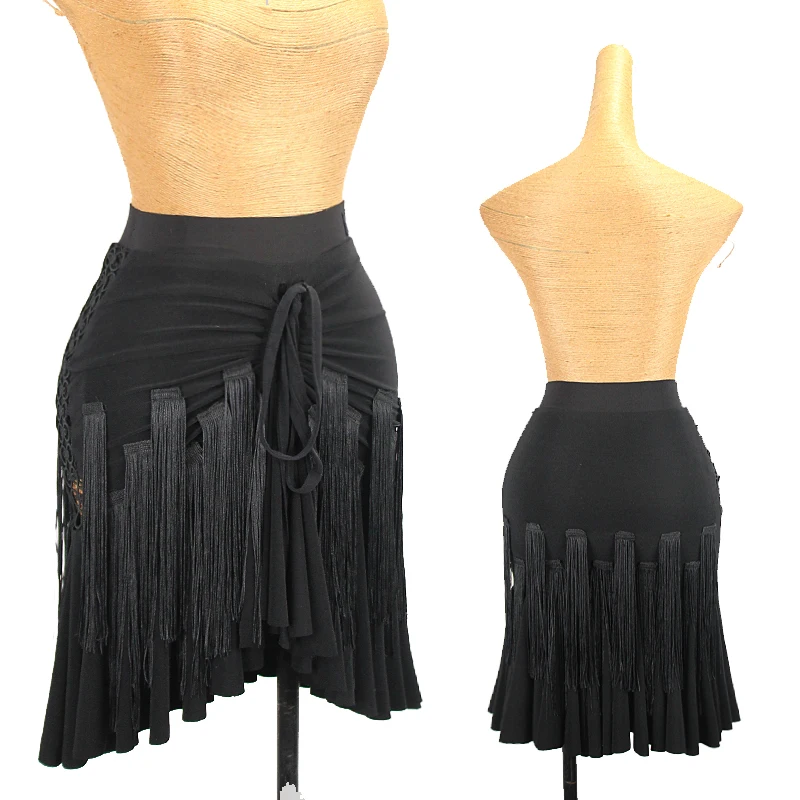 Nuevas faldas de baile latino para mujer, falda con cordón de borla de encaje lateral, ropa de práctica de Tango Chacha Rumba, ropa de baile latino DQL8191