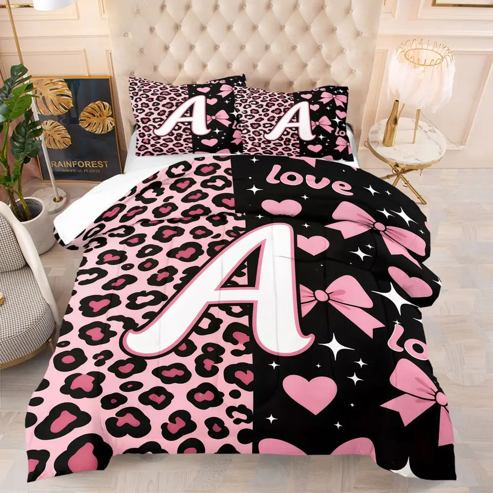 Pink Leopard Heart Bow Print Quilt Comforter Set Bedding Set With Pillowcase Cute Decor For Teen Girls Bedroom Daily Rest