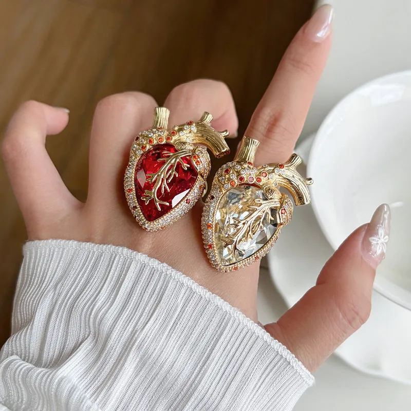 Unique Organ Heart Wide Band Ring Inlaid Large Red Cubic Zirconia Open Adjustable Statement Ring