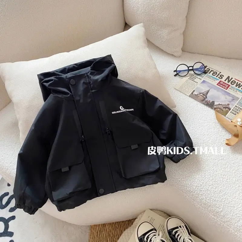 Boys Jacket Spring Autumn Solid Color Letter Print Thin Hooded Windbreaker Coat For Kids Casual Sport Outdoor Jackets 2-8 Years