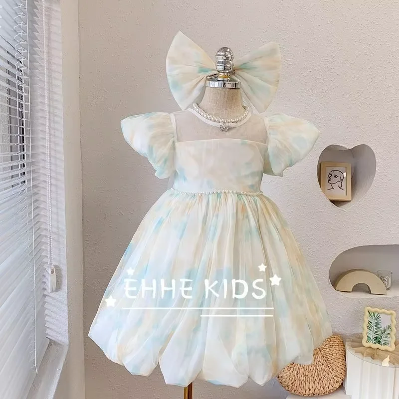Girls Birthday Dress Summer 2026 New Elegant Puff Sleeve Princess Gown Kids Luxury Tulle Ball Gown Party Pageant Dress