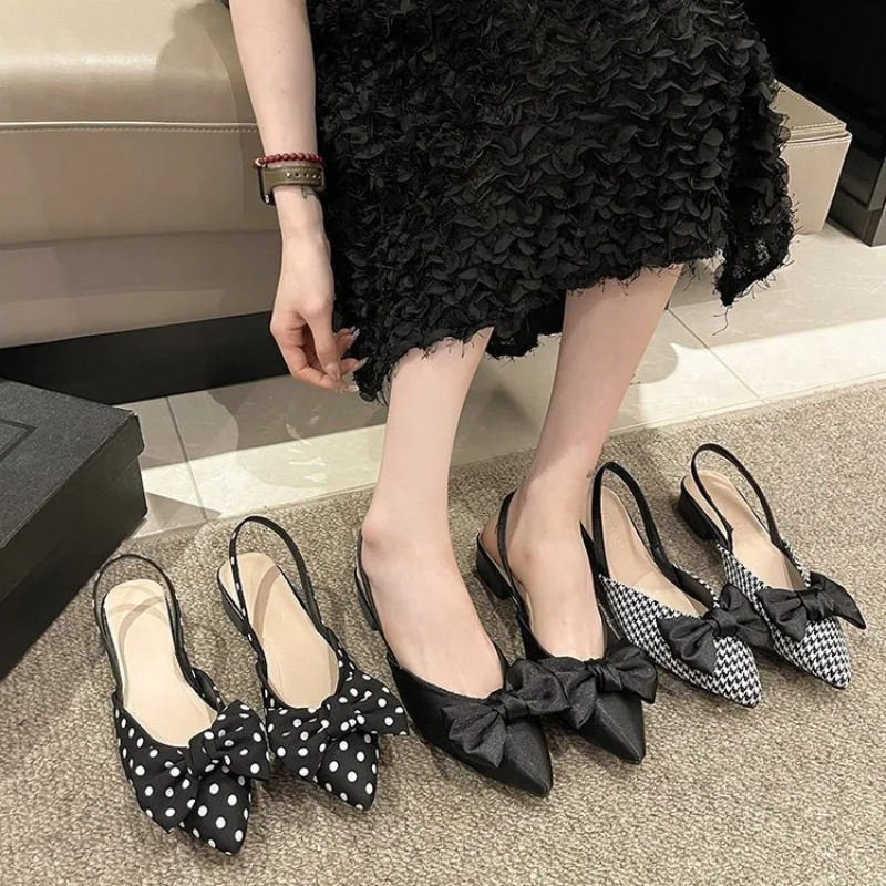 Bow Sandals Women 2024 Summer Pointed Low Heel Sandals Women Fashion Baotou Thin Strap Sandals High Heels Sandalias De Mujer