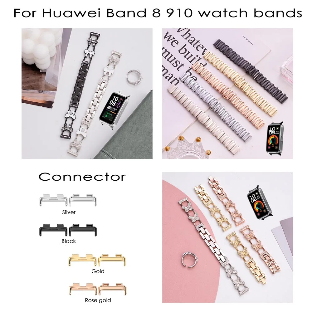 

Ремешок для часов Huawei Band 8 9 10, регулируемый браслет из нержавеющей стали с бриллиантами, аксессуары для часов Huawei Band 8 9 10