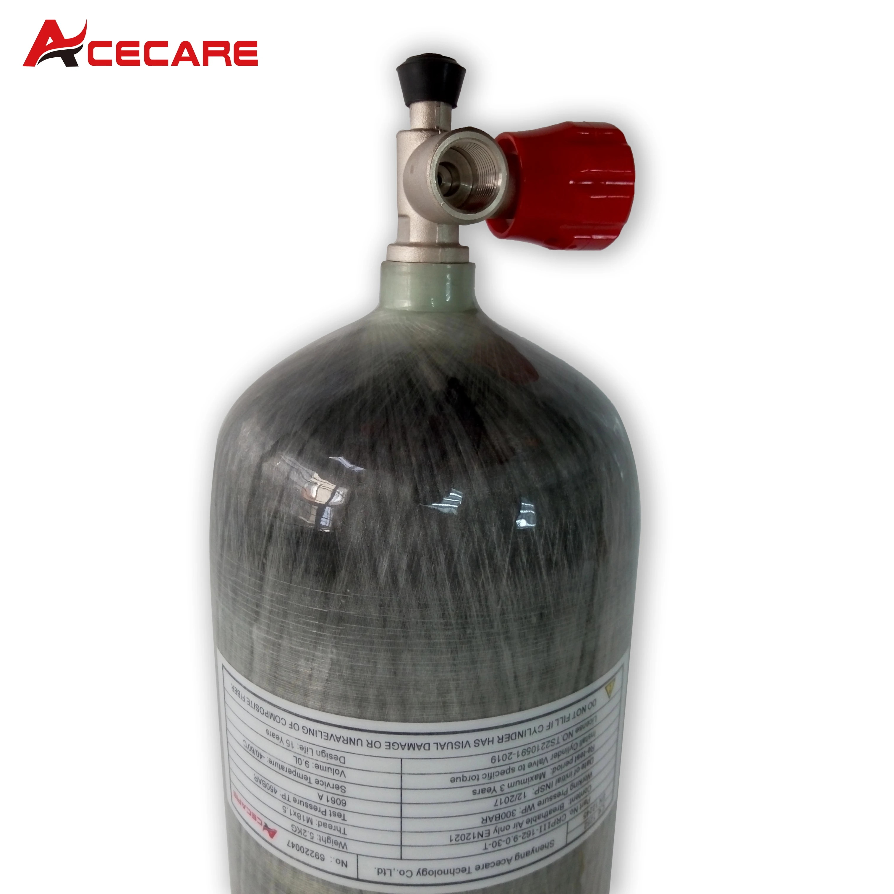 Acecare 9L اسطوانة من ألياف الكربون 300bar 4500psi 30mpa ارتفاع ضغط خزان الهواء مع صمام قياس لغوص السكوبا