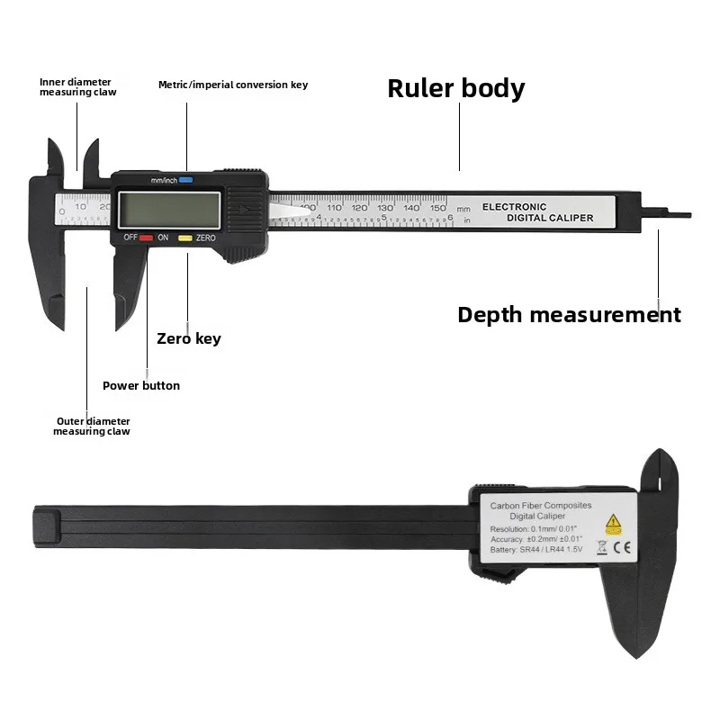 Digital Electronic Caliper LCD Large Screen Carbon Fiber Vernier Caliper for Inner Outer Diameter Measurement