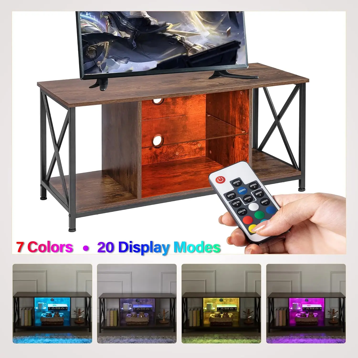 TV Stand for 50 inch TV with Led Lights, Gaming Entertainment Center 41.7" Small Media Console Table Wood  Cabinet for Livin