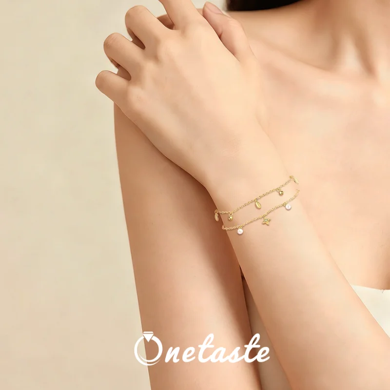 

925 Silver Gold Plated Pearl Bead Leaf Clover Charms Chain Link Bracelet Women Dainty Simple Trendy Lightweight Stack Bracelets
