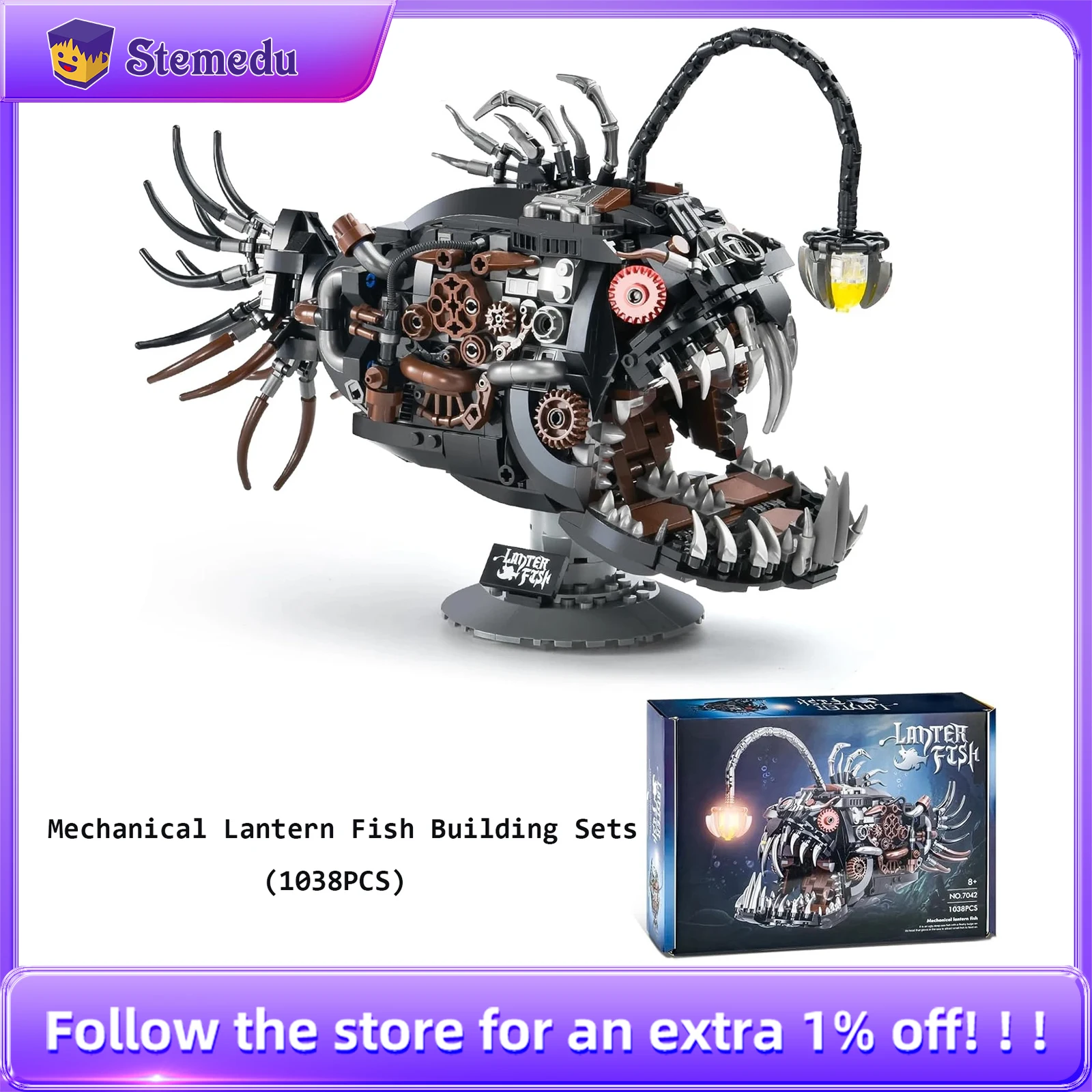 Mechanical Lantern Fish Building Sets Ocean Animal Collection MOC Bricks Assembling Model Toys for STEM Building Gift (1038PCS)