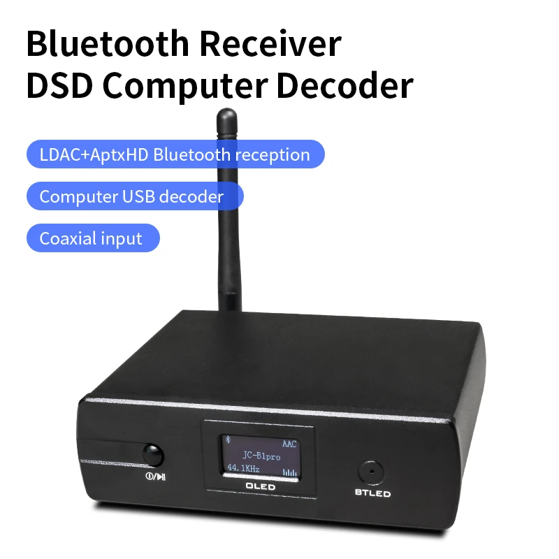 Bluetooth 5.1 DAC Receiver, QCC5125 ESS9038 HiFi Decoder LDAC aptX-HD DSD USB with OLED Display RCA 3.5mm Out