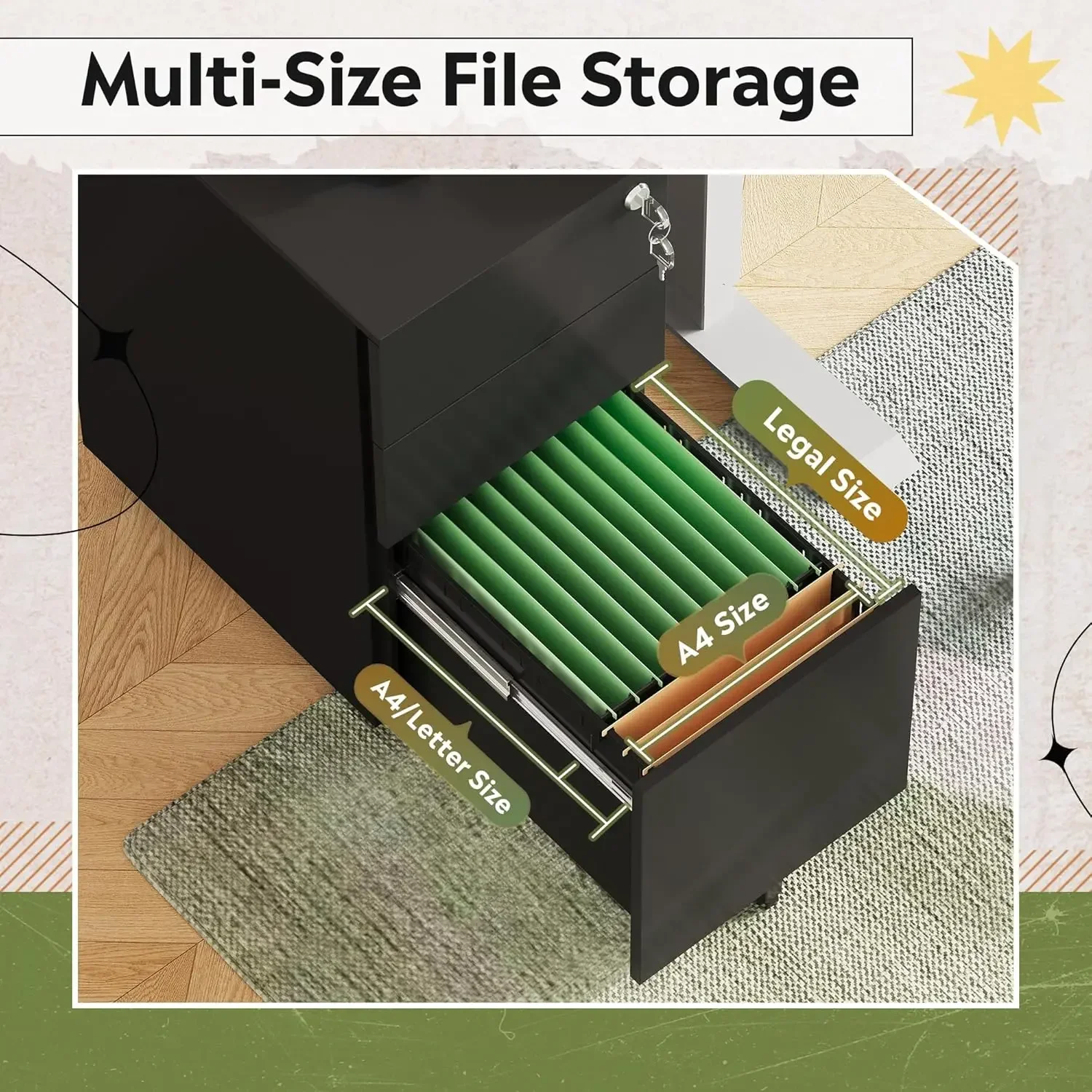 3 Drawer File Cabinet with Lock, Metal Rolling Filing Cabinets for Home Office, Small Under Desk Cabinet with Slim Width (11.8 i