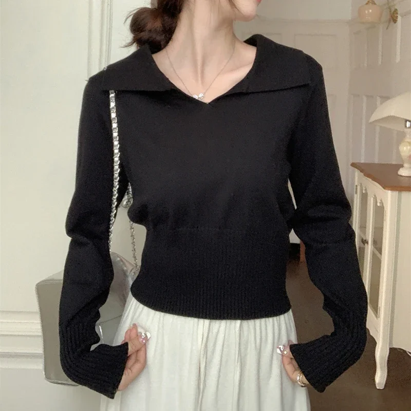 سترة قصيرة بياقة بأكمام طويلة للنساء بلوفر عادي متماسك ناعم رمادي للخريف والشتاء ملابس Y2K للمراهقات