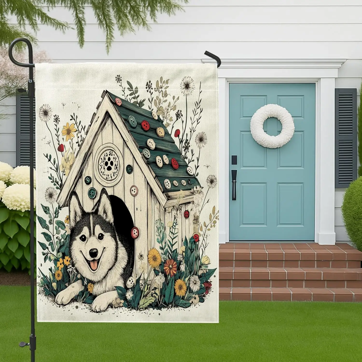 Spring Husky Dog Garden Flags 12”x18” Double Sided for Outside Decorative, Fun Flower Puppy Kennel FrontYard Canvas House Fl ZZM